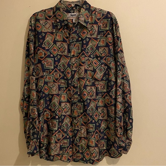 Vintage 90s IMPACT 100% Silk Men's Geometric Button Up M Long Sleeve Shirt Y2K - Picture 1 of 11